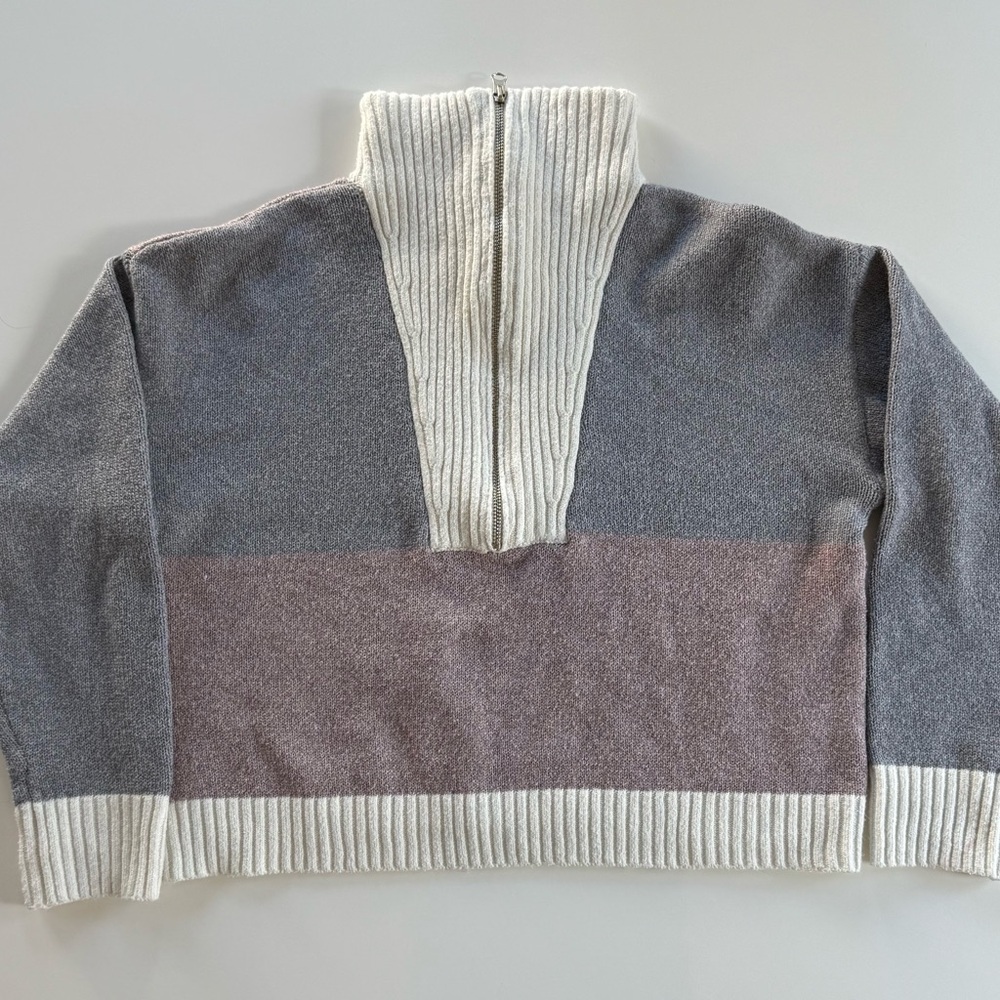 Stories~ 1/4 Zip Sweater~Women’s Med~Bloc Color~Cream/Gray/Mauve~Oversized~Cozy